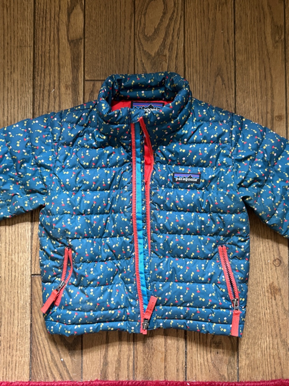 Patagonia Packable Puffer Jacket - Teal Floral pattern with red trim
